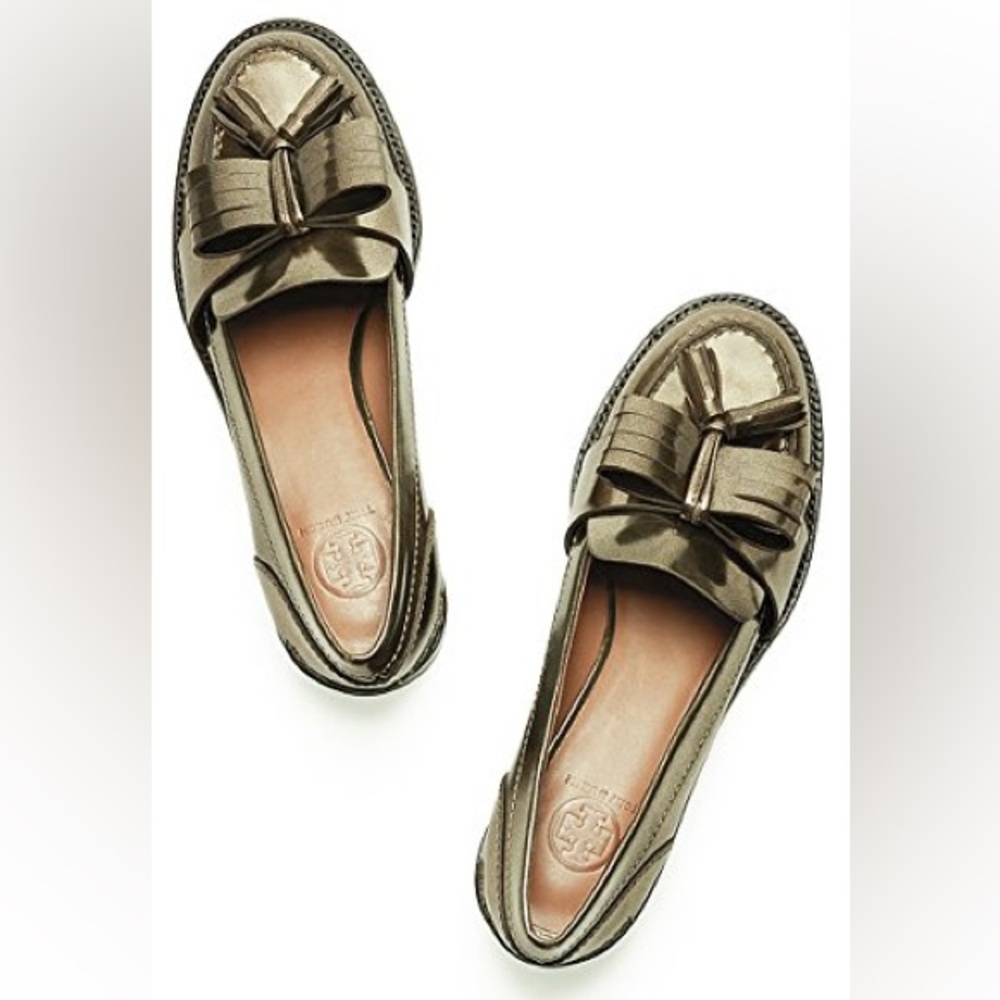 Tory Burch Hyde Bow Tassel Bronze Metallic Loafer Sz 6
